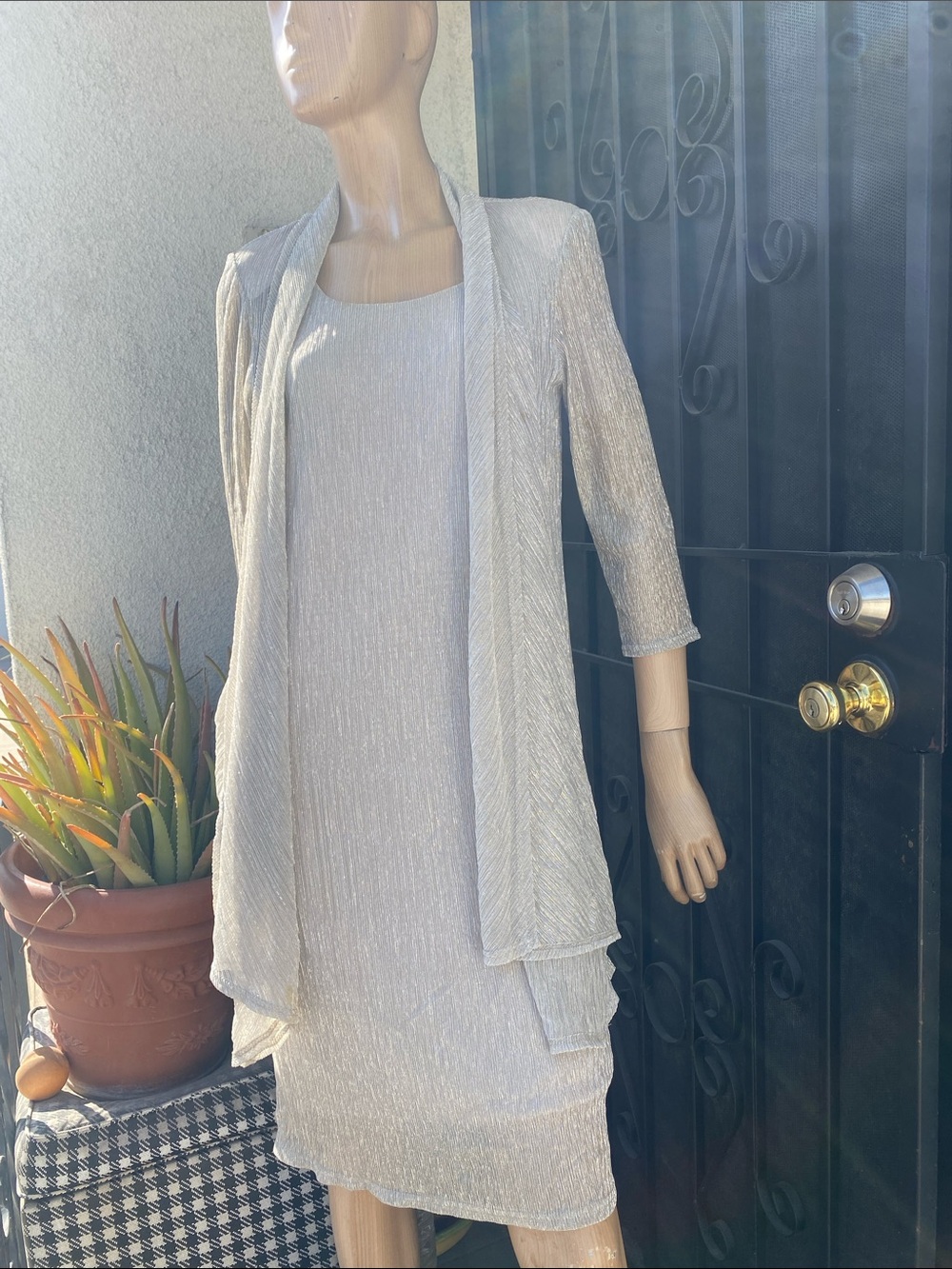 Elegant Women's Cream Shimmer Jacket & Dress Set